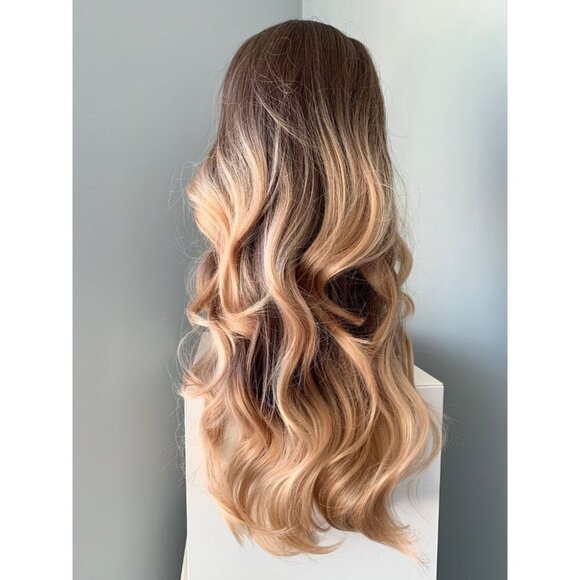 Ombre Brown Curled Wig with Blonde Highlights - Gia - Picture 2 of 3
